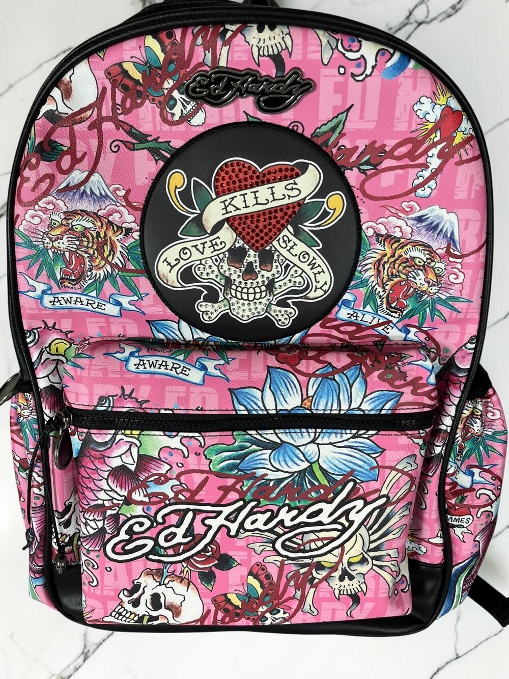 Ed Hardy Pink Tattoo Backpack Love Kills Slowly Skull Tiger Floral NWT